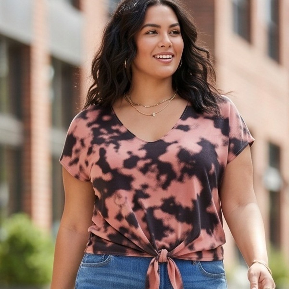 Torrid 1 Salmon & Black Tie Dye V-Neck Front Tie Hi-Lo Hem Top Plus Size 1X